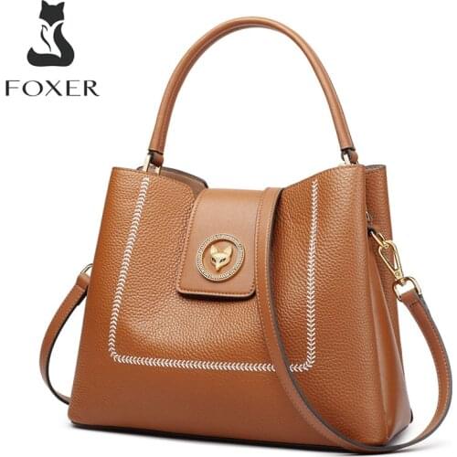FOXER Women Top Handle Bag Natural Leather Soft Shoulder Bucket Bag Soft Lady Purse Casual Crossbody Bag Female Fall Winter Bag