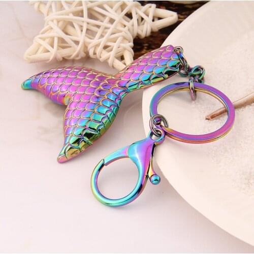 Trend Colorful Beautiful Mermaid Tail Keychain Gradient Color Metal Car Keyring Unique Creative Small Gift Diy Party Accessories