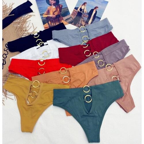 New Womens Underwear Sexy Solid Color Panties Fashion Metal Ring Comfort Briefs Mid Waist Seamless Underpants Female Lingerie