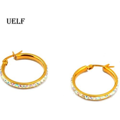 Uelf Popular earring With rhinestone Crystal circle hoop earrings Simple big circle Gold plated hoop earrings for women