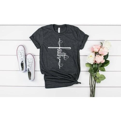 Faith with Elegant Font Christian Vertical Cross shirt Cotton Female Clothing Funny Graphic Short Sleeve Women O Neck Top Tees