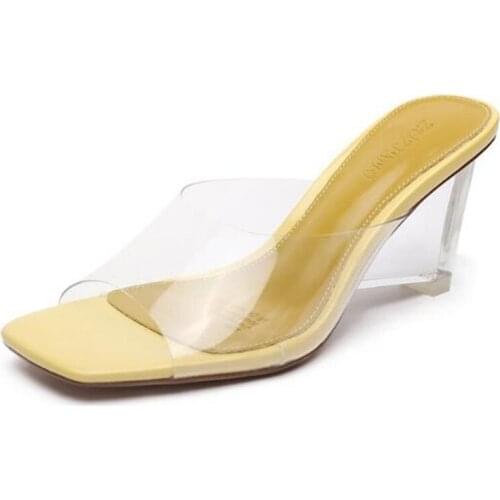 Women sandals PU Slip On 6CM Thin Heels High heels Round Toe Shallow women shoes sandalias mujer 2020 size 35-42 yellow Pink