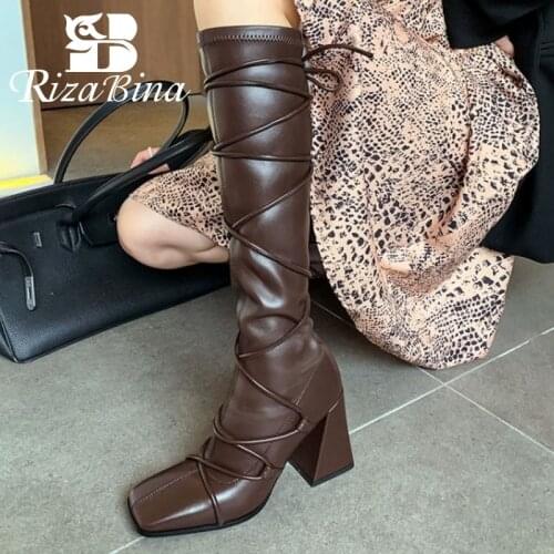 RIZABINA Size 33-41 New Women Knee High Boots Shoes Chunky High Heels Fashion Party Club Long Boots Winter Ladies Footwear