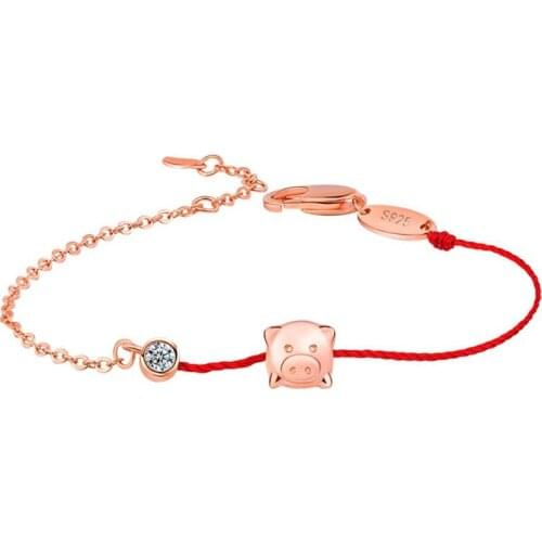 KOFSAC Fashion Rose Gold 925 Silver Bracelets For Women Jewelry Shiny Zircon Cute Pig Red Rope Bangle Girl Valentines Day Gifts