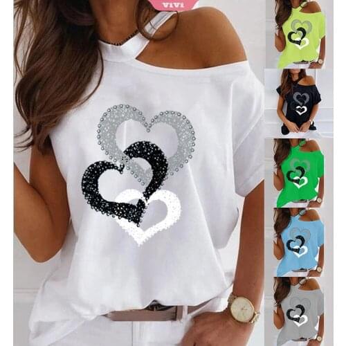 Summer New Womens Top Loose Love Printing Sexy V-neck Dtrapless Short-sleeved T-shirt Casual Plus Size Pullover