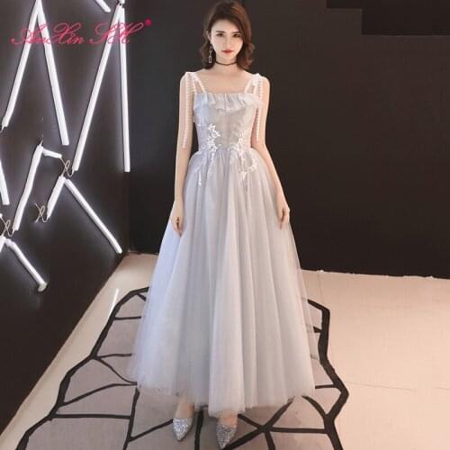 AXJFU Luxury princess navy grey lace bow evening dress vintage champagne lace beach lake blue lace evening dress 100% real photo