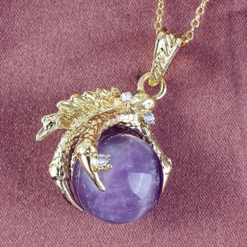 100-Unique 1 Pcs Light Yellow Gold Color Dragon Claw Pendant Natural Amethysts Necklace with Chain Jewelry