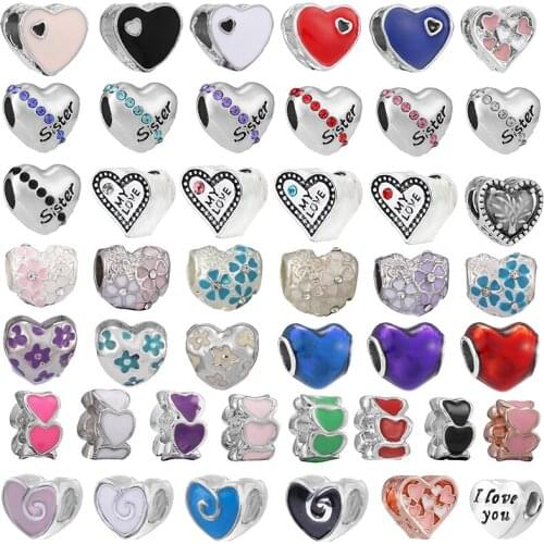 2Pcs Silver Color Enamel Love Heart SISTER Charm Beads Brand Bracelet Necklace For Women Men Handmake Jewelry Accessories Making