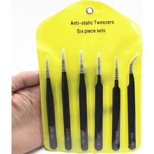 6pcs Stainless steel tweezers set 1mm ESD-15 precision tweezers Black sharp elbow dismantling tool hand tools