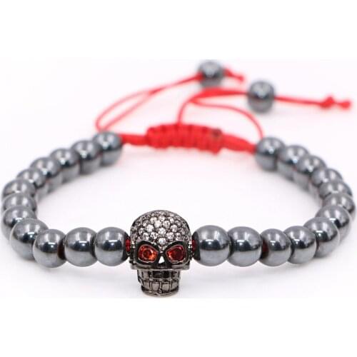 Black Hematite Stone Macrame Bead Bracelet Female Skull Charms Bracelet & Bangle For Womens Men Adjust Size