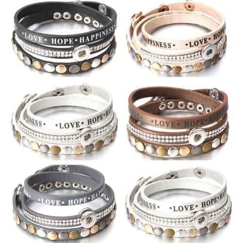 New Snap Bracelet DIY 12mm Retro Love Hope Happiness Leather Rhinestone Bracelet Jewelry For Women Wholesale