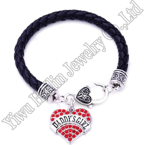 Daddys girl Heart leather Bracelet Crystal silver plated Hearts Family Member Lobster Claw Bracelets