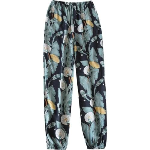 2021 Spring Summer Long Pants Floral Printed Trousers Thin & Cool Anti-Mosquito Home Pants Cotton Women Sleep Bottom With Pocket
