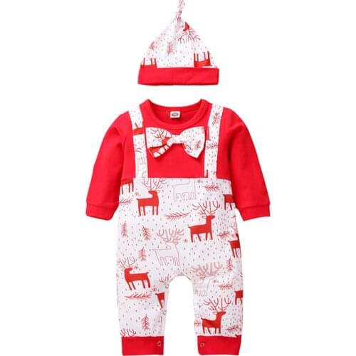 OPPERIAYA Autumn Toddler Babys Casual Cotton Long Sleeve Jumpsuit with Hat Round Neck Cute Christmas Print Fake-two Pants Romper