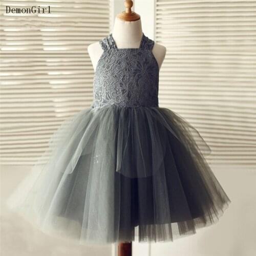 Grey Lace Tulle Girls Dress Little Princess Party Dress Straps Back Bow Knot Child Birthday Gown Size 12M-14Y