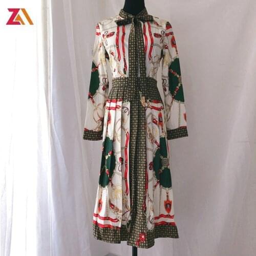 ZALady designer fashion vintage printed midi long dresses for women chic traf bow collar long sleeve party evening beach dress