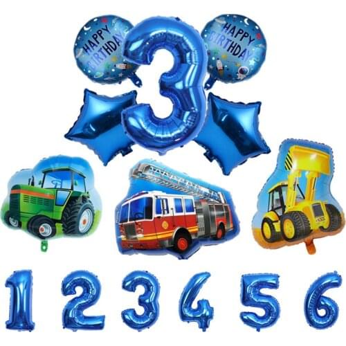 6pcs Fire Truck Foil Balloon Number Tractor Bulldozer Train Helium Foil Balloon for Happy Birthday Party Decorations Kids Toys
