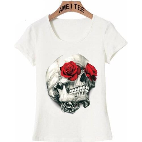 AMEITTE Sugar Doll Red Dia De Muertos Punk Skull Tatto Print T-Shirt Women t-shirt Casual Tops Summer Hip Hop Girl White Tees