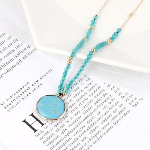 Fashion Geometric Kallaite Stone Pendant Necklace Pink Crystal BeadsNecklace Women jewelry