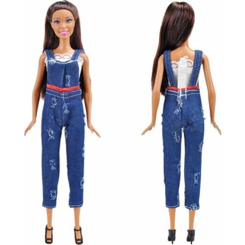 Fashion White Top Ripped Jeans Jumpsuit Pants Denim Trousers For Barbie Doll Clothes 1/6 BJD Dolls Accessories Outfits Kids Toys