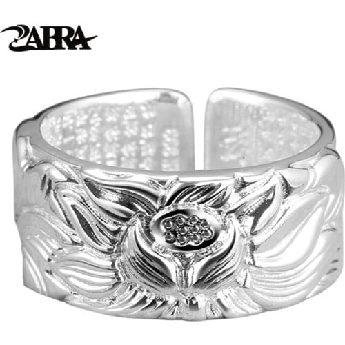 ZABRA Solid 999 Fine Silver Lotus Heart Sutra Ring Buddha Vintage Rings For Men Women Tail Ring Jewelry Adjustable Size 7.5-9