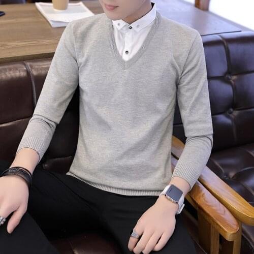 False Two Sweater Men Red Gray Black Teenagers Long Sleeve Spring Autumn Pullovers Turn-down Collar Casual Mens Sweater New