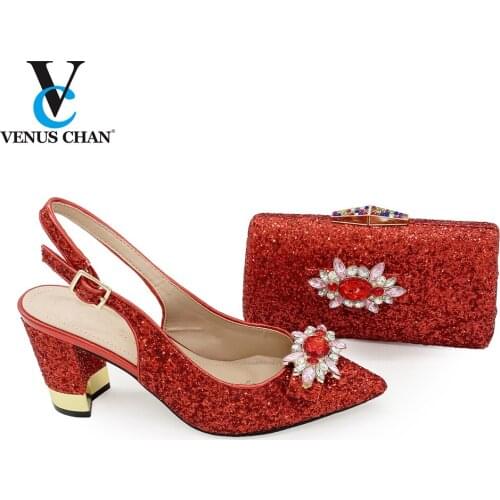 Nigeiran Women New Arrivals Shoes and Bag to Match in Red Color High Quality Sandal with ShinninG Crystal for Party