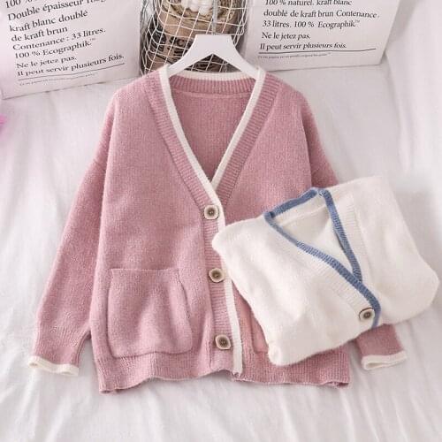 Autumn Winter V-Neck Knitted Cardigans Women Single Breasted Striped Loose Sleeve Sweaters Female Casual Soft Chic Tops Knitwear