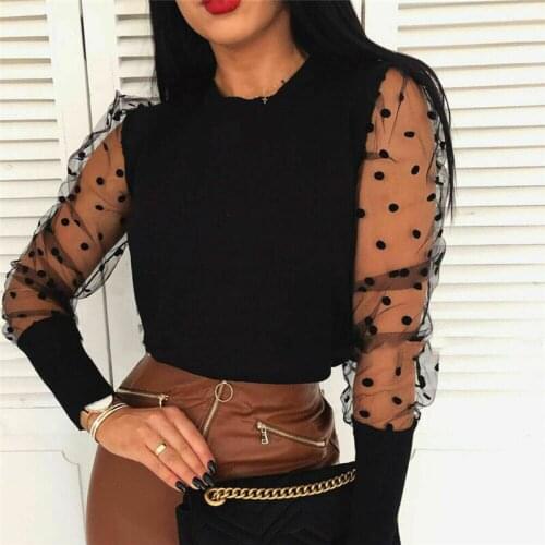 Autumn Women Round Collar Blouse Spring Pullover Polka Dot Print Mesh Sheer Puff Sleeve Top Blouse Ladies Sexy Long Sleeve Shirt