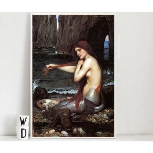 Canvas Poster Wall Prints Painting Home Decor John William Waterhouse Mermaid Portrait Picture Canvas Art Poster for Living Room
