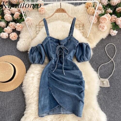 Kimutomo Off Shoulder Slash Neck Sexy Dress Women Summer Mini Dresses Puff Sleeve Slim Bow Lace Up Denim Suspender Robe Femme