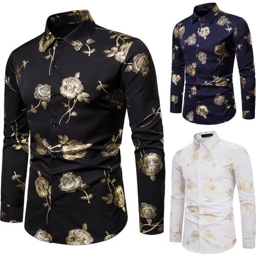 Long Sleeve Dress Shirt Wedding Night Club Hip Hop Party Slim Shirts New Men Hipster Luxury Black Gold Rose Bronzing Printed