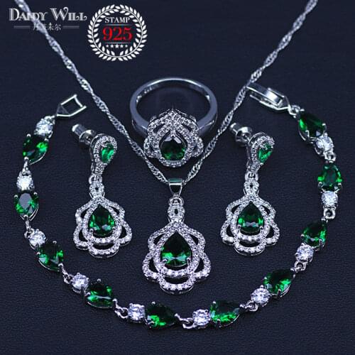 Russian hot sale style green cubic zirconia Silver Color bracelets set pendants earrings rings necklace sets pretty present