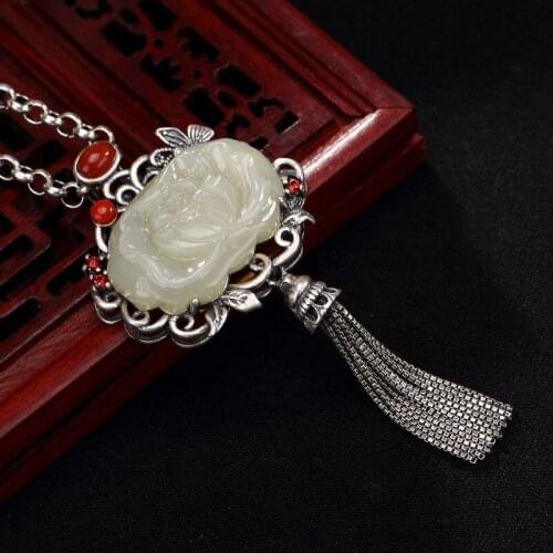 Silver S925 pure silver antique mosaic and Jade white jade South Red Lotus butterfly tassel lady pendant wholesale