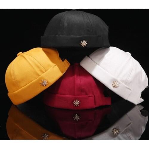 Mens and womens beanie sailor hat maple leaf rivet embroidery warm curled beanie pure color adjustable cotton hat Short brim