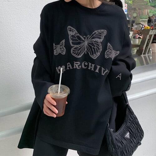 Summer Style High Punk Street Women Gothic Butterfly Letter Y2K Printing Short-Sleeved T-shirt Rhinestone Loose T-shirt Clothing