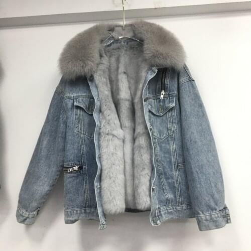2020 winter new fox fur collar plus velvet detachable real rabbit fur cowboy jacket pie to overcome women jeans coat