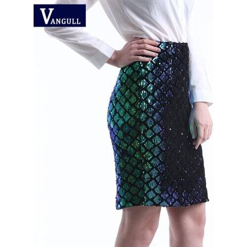 Vangull Iridescent Diamond Sequin Skirt Fish Scale Women Sexy Midi Club Pencil Skirts 2018 Summer Green Casual High Waist Skirt