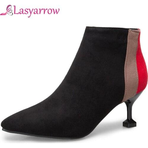 Lasyarrow 2018 large Size 31-52 Ankle Boots Woman Shoes Fashion Thin high heels buckles women shoes add fur red ladies pumps