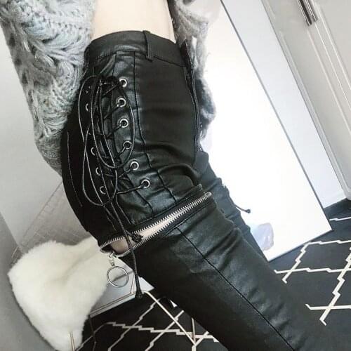 2021 Autumn Black Faux PU Leather Pencil Pants Lace Up High Waist Slim Skinny Streetwear Casual Trousers Women Hot Sale Y67
