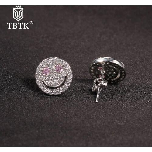 TBTK Smile Face Earrings Full Iced Out Pink Blue Bling Cubic Zirconia Brass Earrings Fashion Hiphop Jewelry Gift Women