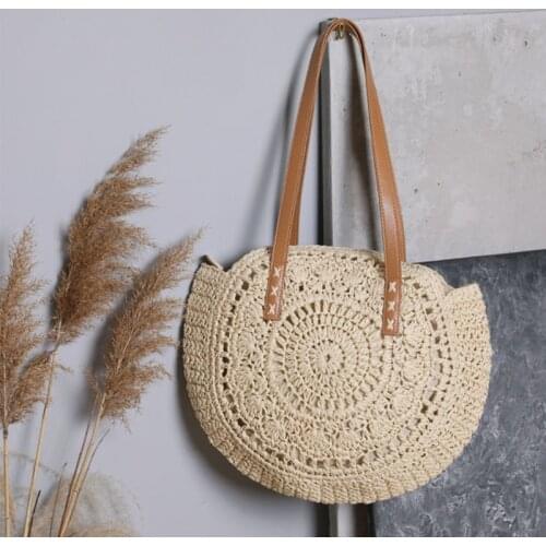 Womens Straw Handbags Large Summer Beach Tote Woven Round Bottom Handle Purse Shoulder Bag Vocation Handbag K5DA