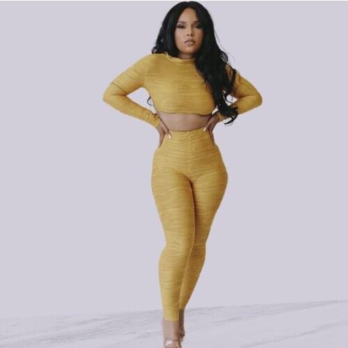 2021 New Arrival Famous Brand 2 pcs Women Set Solid Ruched O-neck Short Tops Long Pants Sexy Outfits