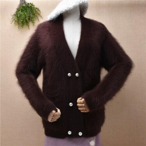 Female women fashion deep v-neck hairy mink cashmere knitted long sleeves loose cardigan angora fur jacket coat sweater pull