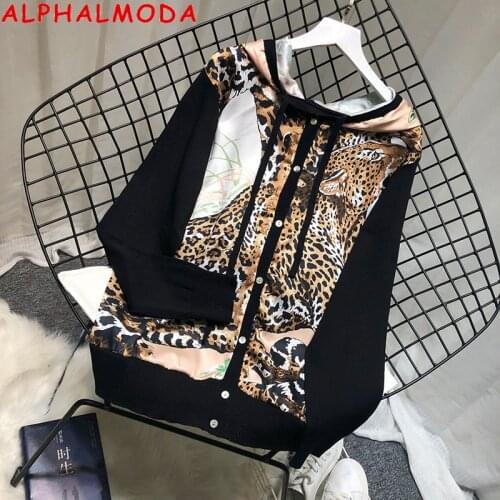 ALPHALMODA 2019 Autumn New Fashion Printed Hooded Sweater Shirt Long-sleeved Leopard Print Satin Single Breasted Cardigans