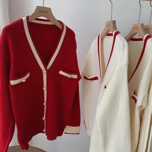 2021 spring and autumn cherry color sweater women Korean version loose inner knit cardigan fashion casual cotton