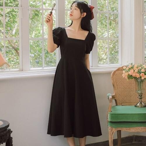 French Retro Temperament Dresses Summer Women Vestidos de mujer Casual Pure Color Korean Square Collar Midi Dress