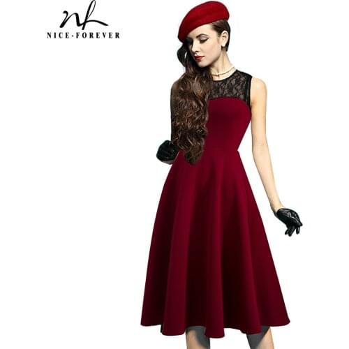 Nice-forever Summer Women Retro Elegant Lace Patchwork Sun Dresses Cocktail Party Flare Swing A-line Dress btyA008
