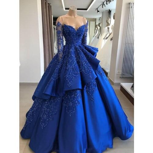 2020 Royal Blue Vintage Ball Gown Quinceanera Dresses Off Shoulder Long Sleeves Beads Sequined Vestidos De 15 Anos Sweet 16 Prom