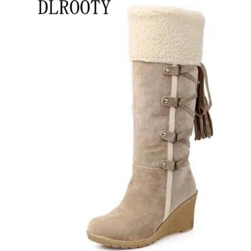 Winter Women Snow Boots Mid-Calf Warm Short Plush Outdoor Female Casual Shoes Fringe Fashion Wedges Platform Plus Size 35-43